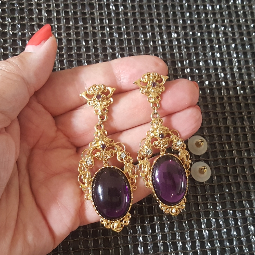 Gold Tone Intricate Purple Statement Pierced Earrings